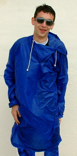 blue cagoule as modest swimwear